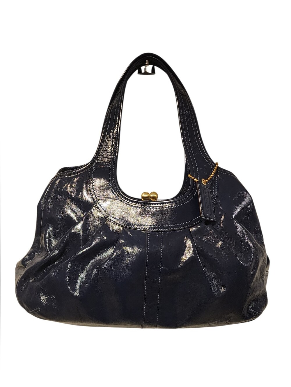 Vintage Coach Ergo Pleated Dark Blue Leather Framed Kiss lock Satchel Bag 12520